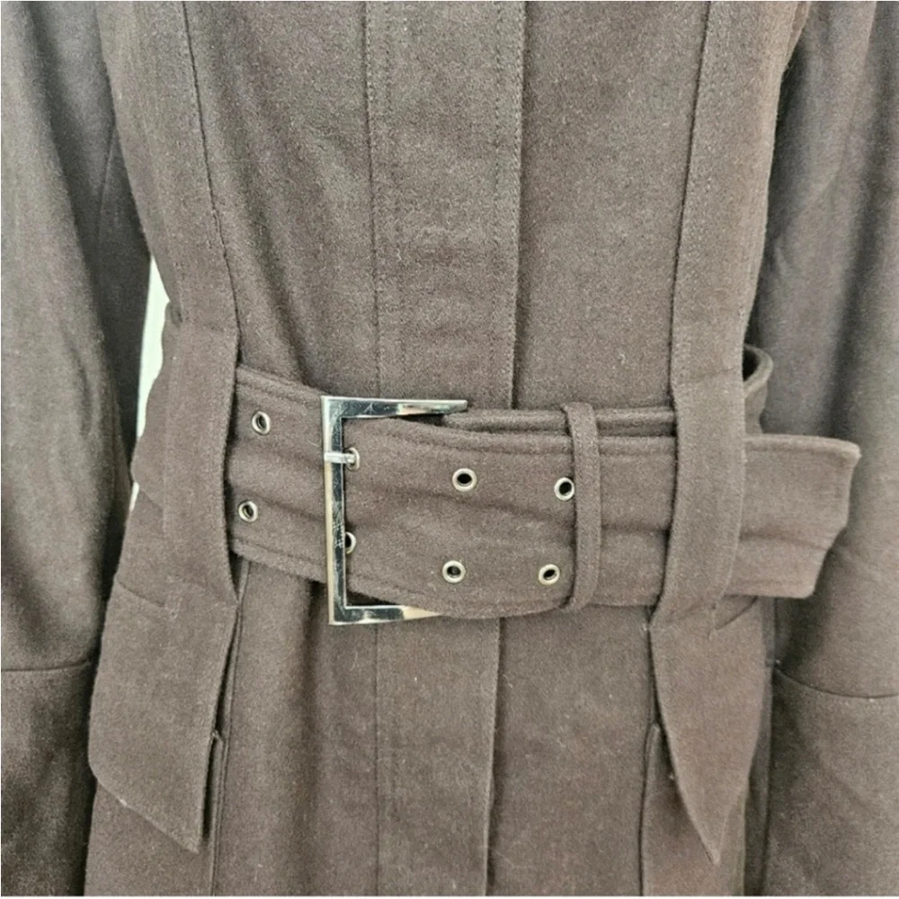 Zara coat size Medium dark chocolate brown wool blend trench belted - Picture 3 of 16